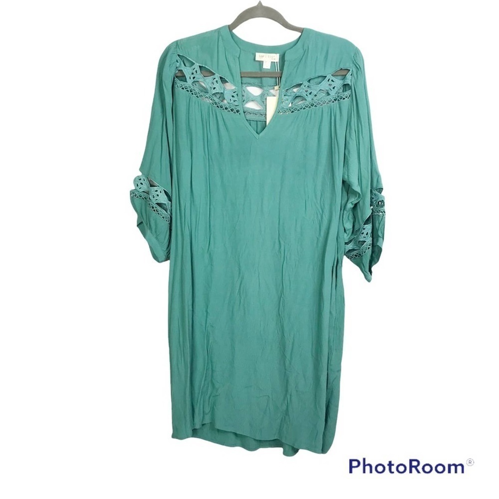 See U Soon Teal BoHo peasant high low cut out midi dress size S NWT